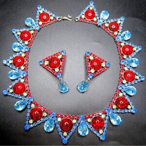 MONTY DON Amazing Blue Rhinestone Red Cabochon Vintage Necklace Earring Set